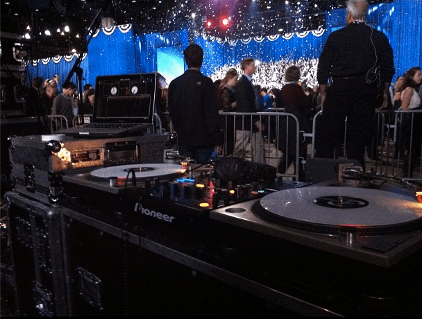 The view from behind the decks at Obama's 2012 victory party
