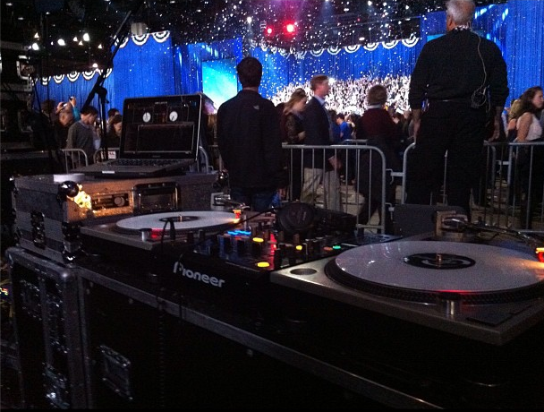 The view from behind the decks at Obama's 2012 victory party