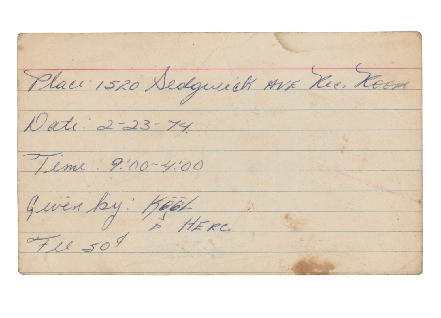 HANDWRITTEN INVITATION TO A REC ROOM PARTY AT 1520 SEDGWICK AVENUE