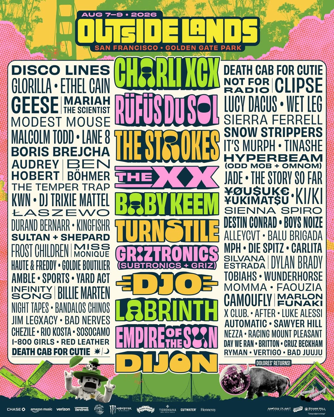 Outside Lands 2026 Has Charli XCX, The Strokes, Turnstile, Dijon, & More