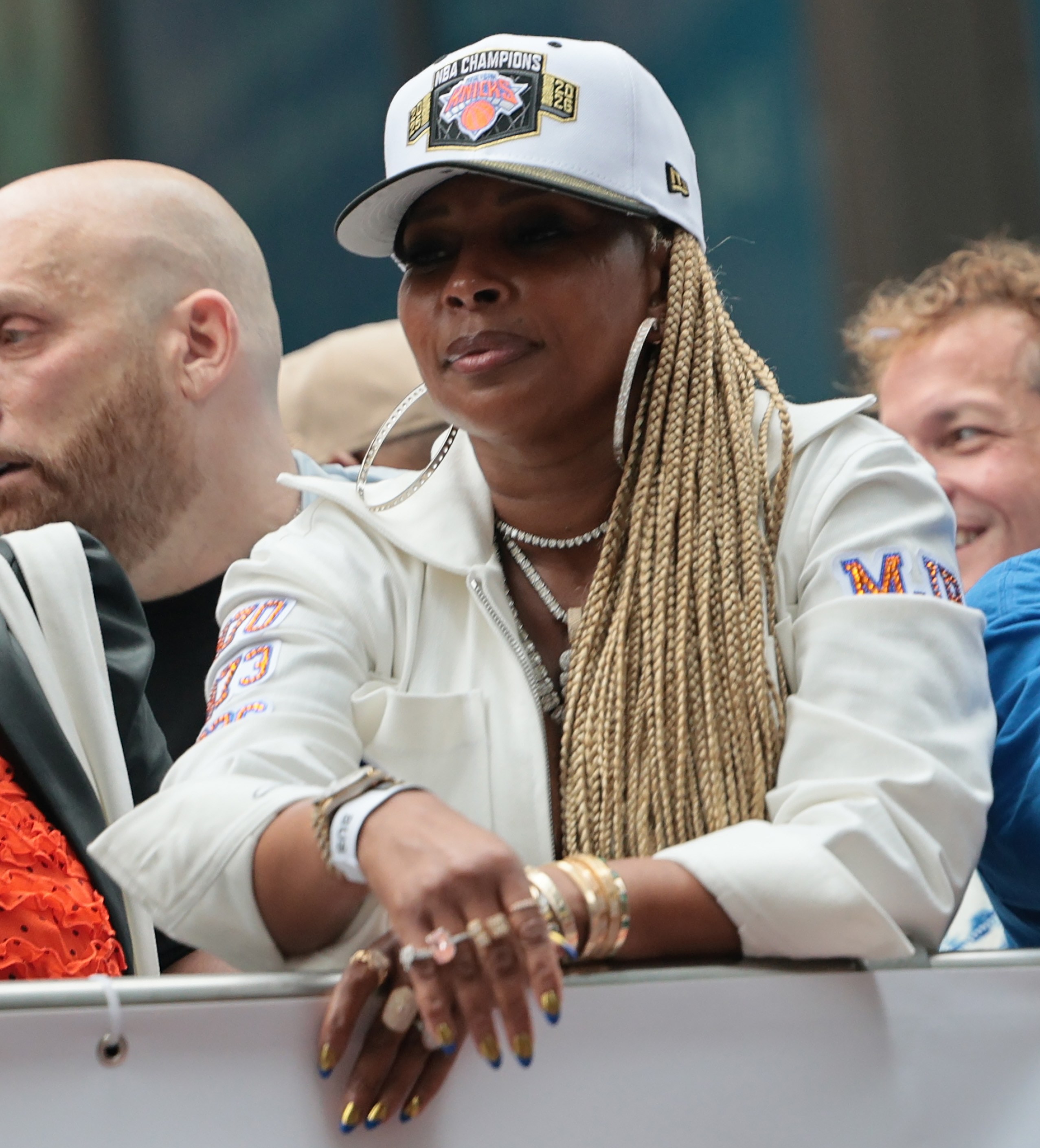 NEW YORK, NEW YORK - JUNE 18: Singer Mary J. Blige, Rapper Havoc, and Rapper Fat Joe ride on a float during the New York Knicks Championship ticker tape parade and victory rally celebrating winning the 2026 NBA Finals on June 18, 2026 in New York City. The New York Knicks defeated the San Antonio Spurs in five games to win their first NBA Championship in 53 years. (Photo by Michael M. Santiago/Getty Images)
